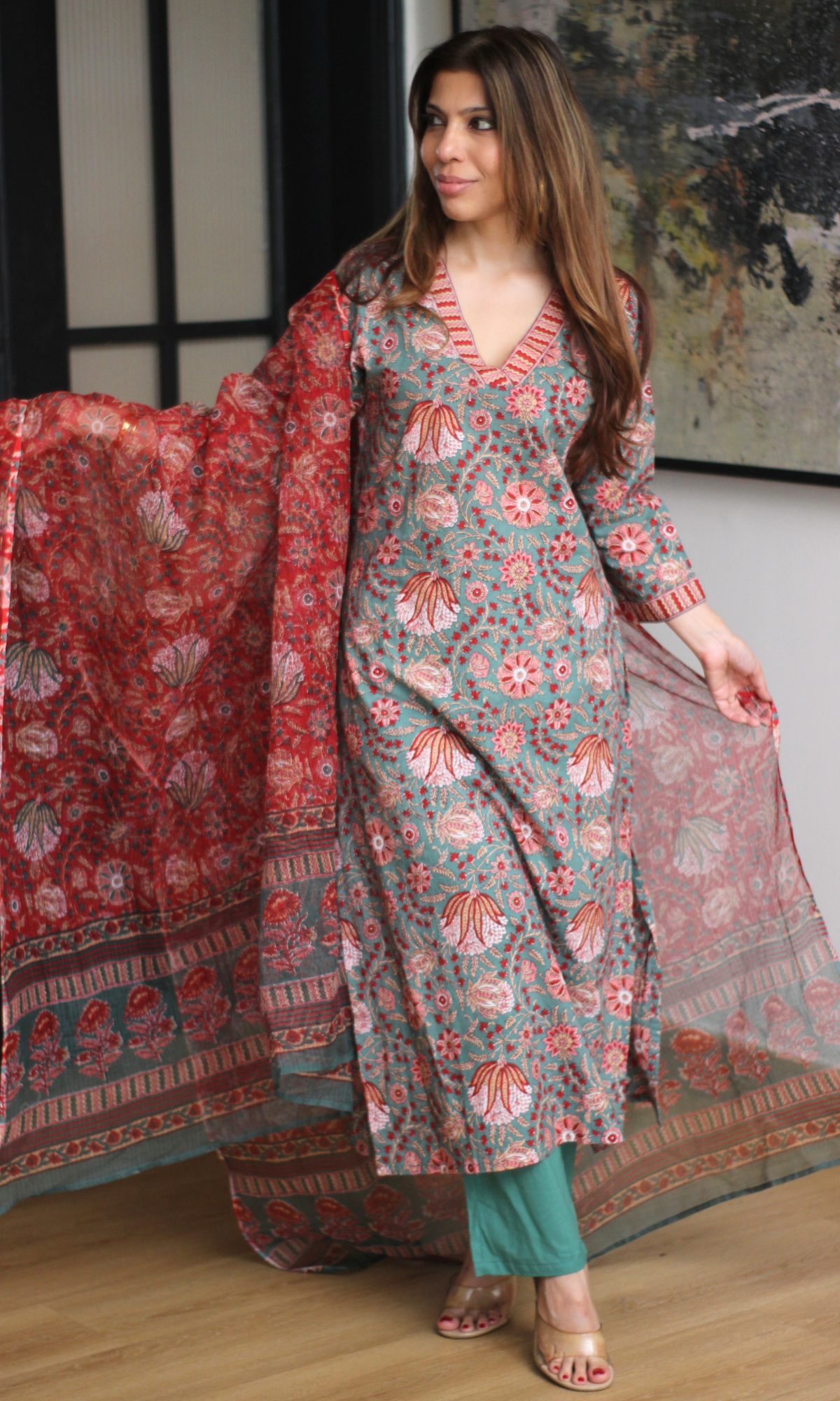 Roz Meher Block Print Kurta, Cotton Pants & Kota Doria Block Print Dupatta