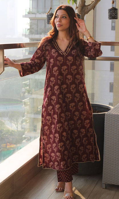Cotton Wine & Gold Mughal Print Kurta & Pant