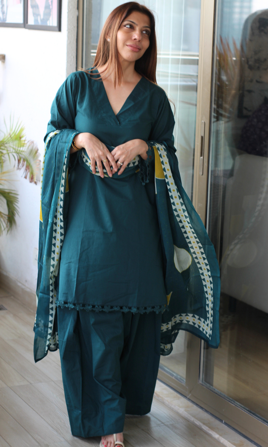Teal Zohra Kurta , Farshi Salwaar & Printed Dupatta