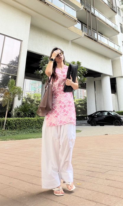 Cotton Pink Petal Sleeveless Kurta & Farshi Salwaar
