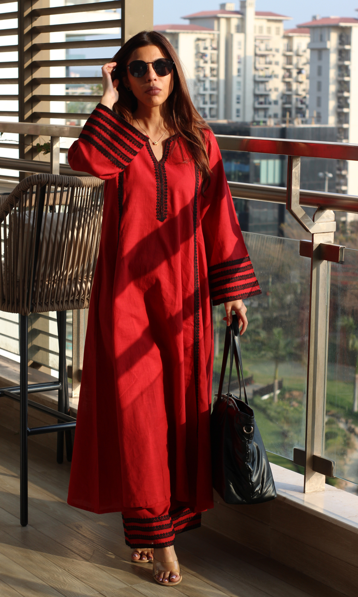 Cotton Slub Rose Laced Kali Kurta with Laced Palazzo