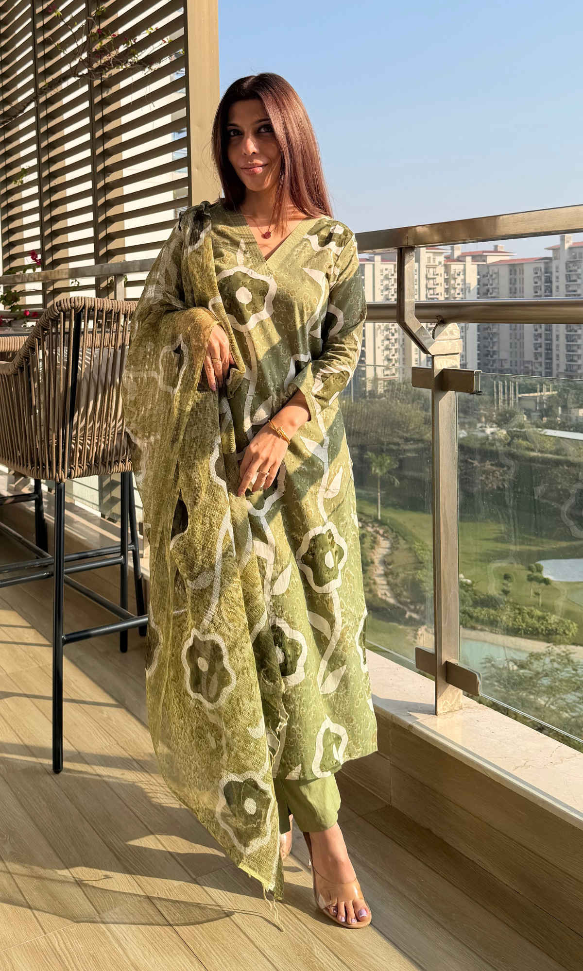 Cotton Olive Shibori Print Kurta & Pants with Kota Doria Printed Dupatta