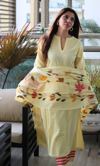 Pale Yellow Slub Kurta, Pant with Cotton Handpainted Dupatta
