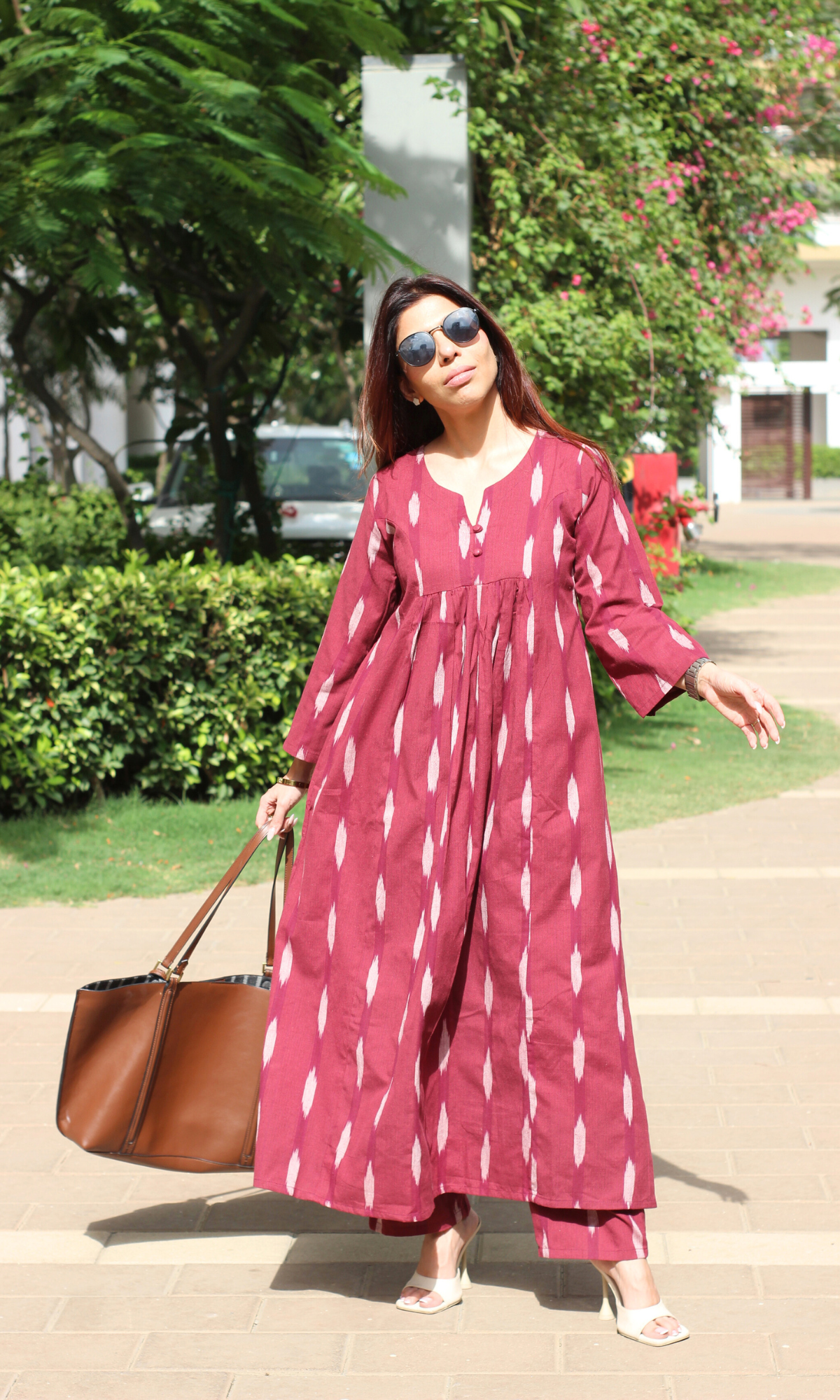 Cotton Wine Ikkat Pleated Co-ord