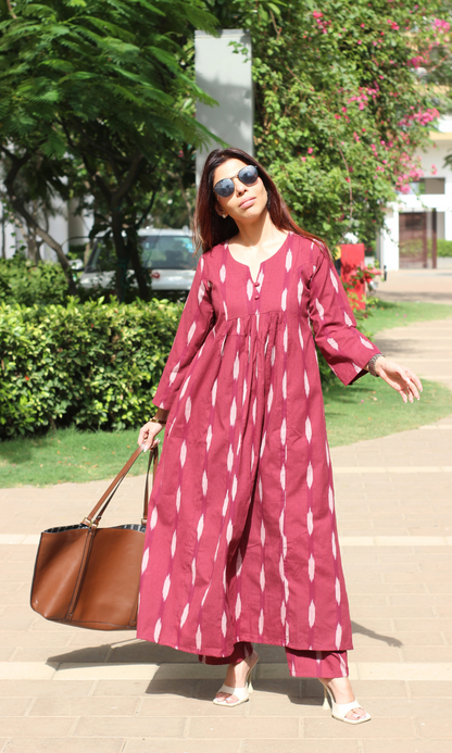 Cotton Wine Ikkat Pleated Co-ord