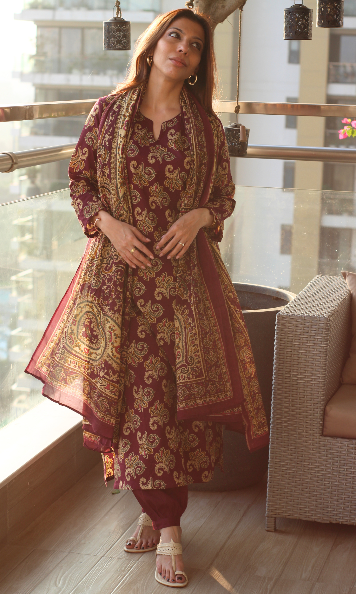 Burgundy Kashni Gul Printed Cotton Kurta, Dupatta & Afghani Style Pant