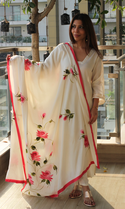 Rosette Ivory Muslin Silk Suit with Muslin Hand Brush Painted Dupatta