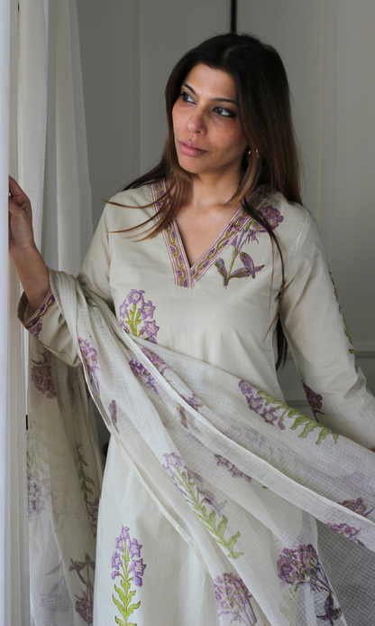 Saira Lavender & Green Mughal Kurta, Pants & Kota Doria Handblock Dupatta