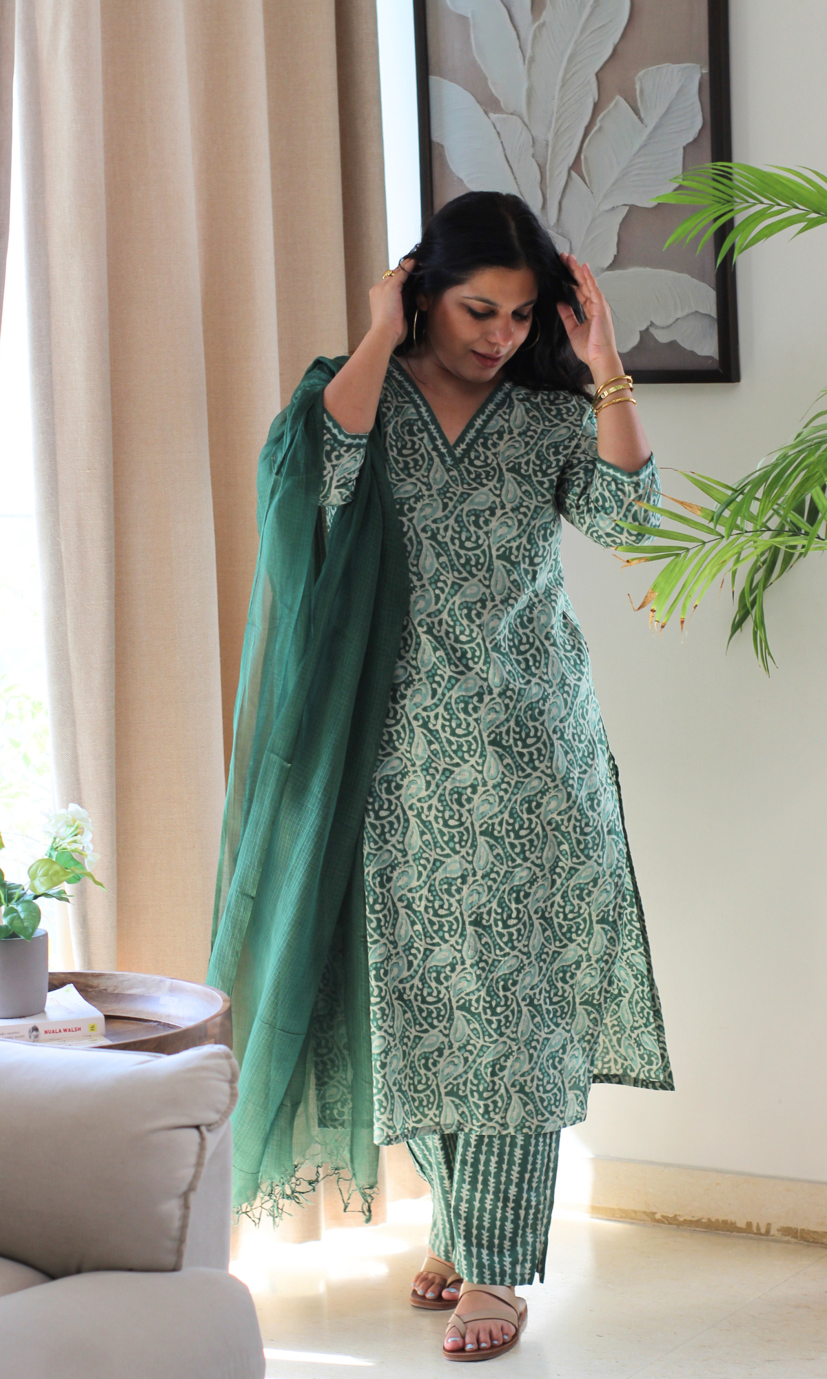 Earthy Green Dabu Printed Kurta , Pant & Kota Doria Dupatta