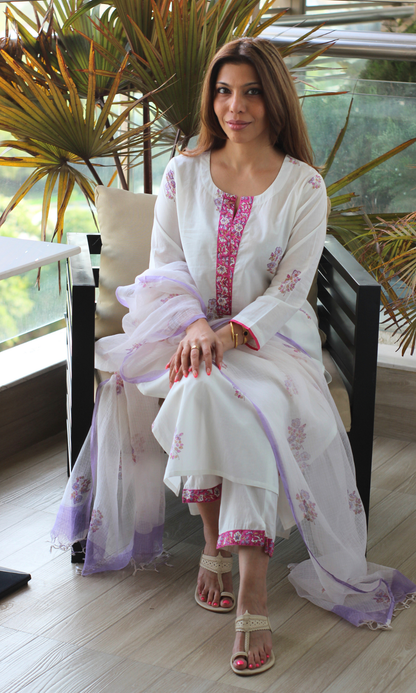 Leela Ivory Mughal Print Kurta, Pant & Kota Doria Handblock Print Dupatta