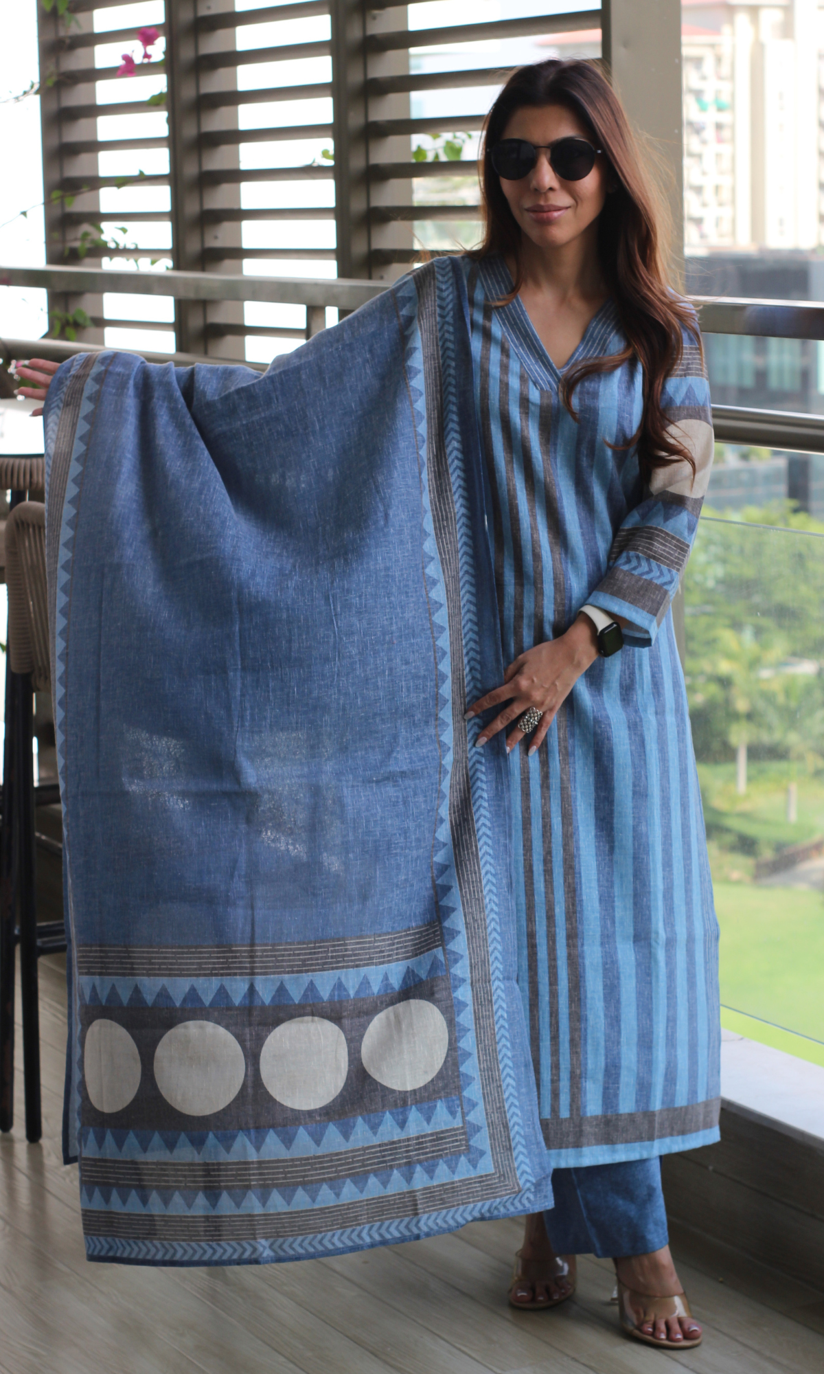 Linen Blend Denim Striped Print Kurta , Dupatta with Cotton Pants