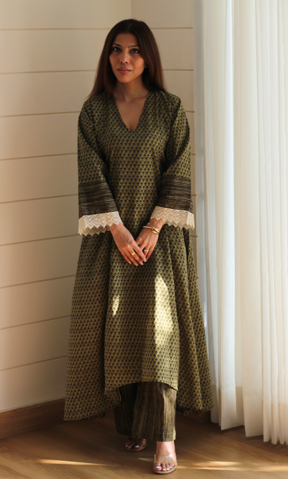 Cotton Olive Khaki Ajrakh Print High Low Kurta & Palazzo