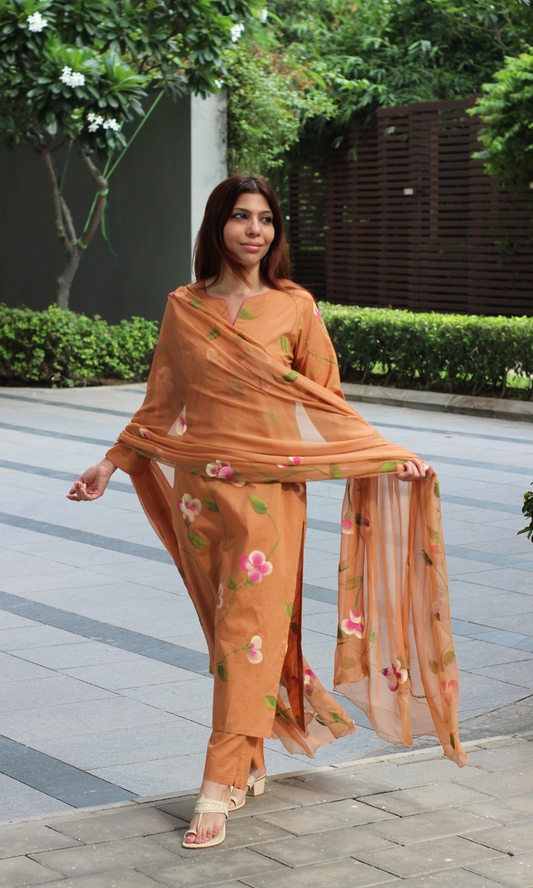 Rustic Orchid Hand Brush Painted Cotton Kurta, Pant & Hand Painted Chiffon Dupatta