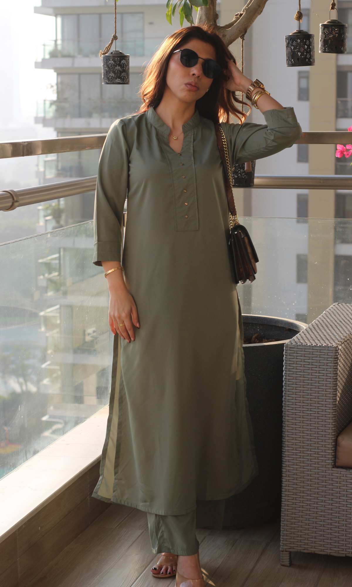 Glossy Green Gold Buttoned Kurta & Pant