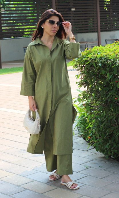 Olive Poplin Shirt Style Long Kurta & Pant