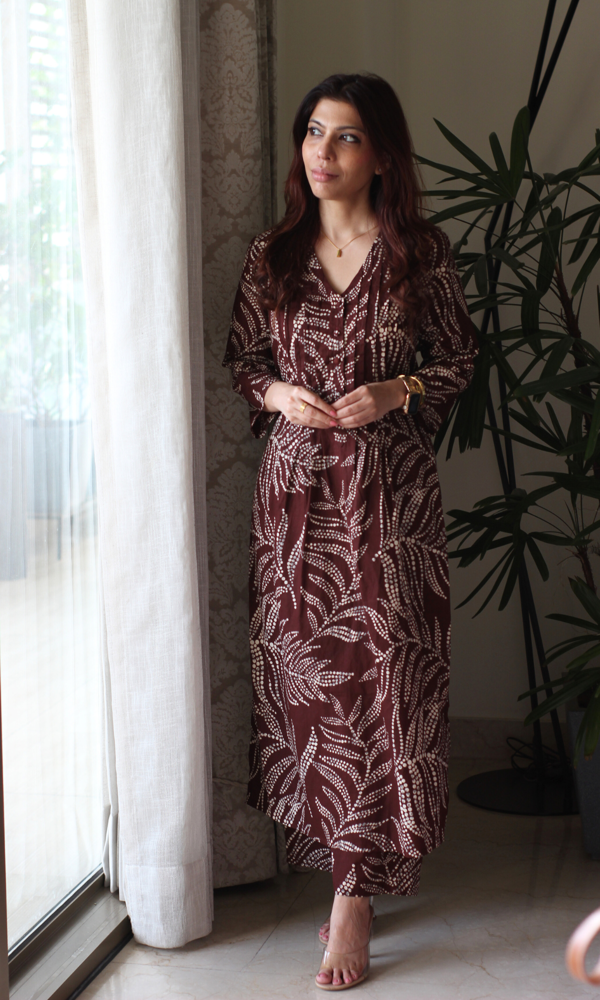 Chocolate Dotted Leafy Print Pleated Kurta & Pant