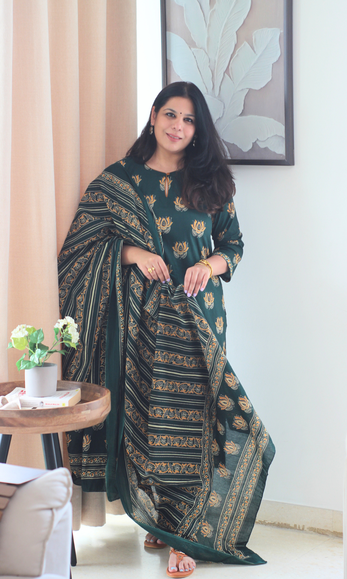 Cotton Green Lotus Mughal Kurta, Dupatta & Cotton Pants