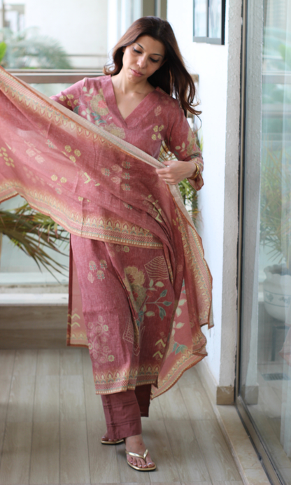 Rosewood Mauve Linen Blend Printed Kurta, Dupatta & Cotton Pants