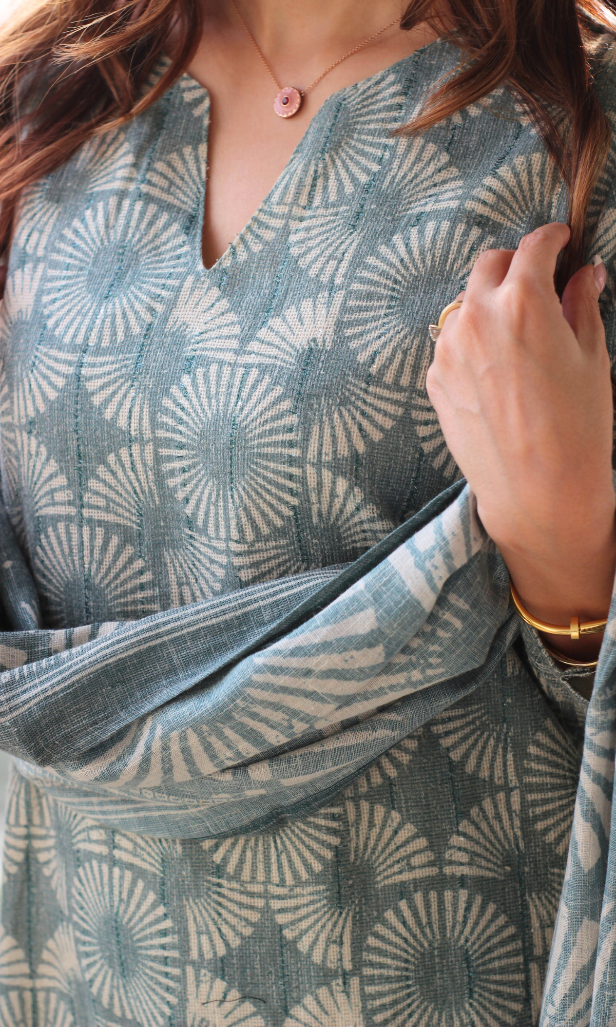 Sagewood Linen Woven Lurex Printed Kurta, Dupatta & Cotton Pants