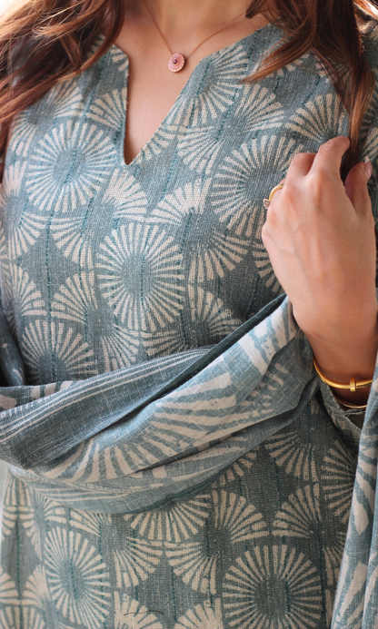 Sagewood Linen Woven Lurex Printed Kurta, Dupatta & Cotton Pants