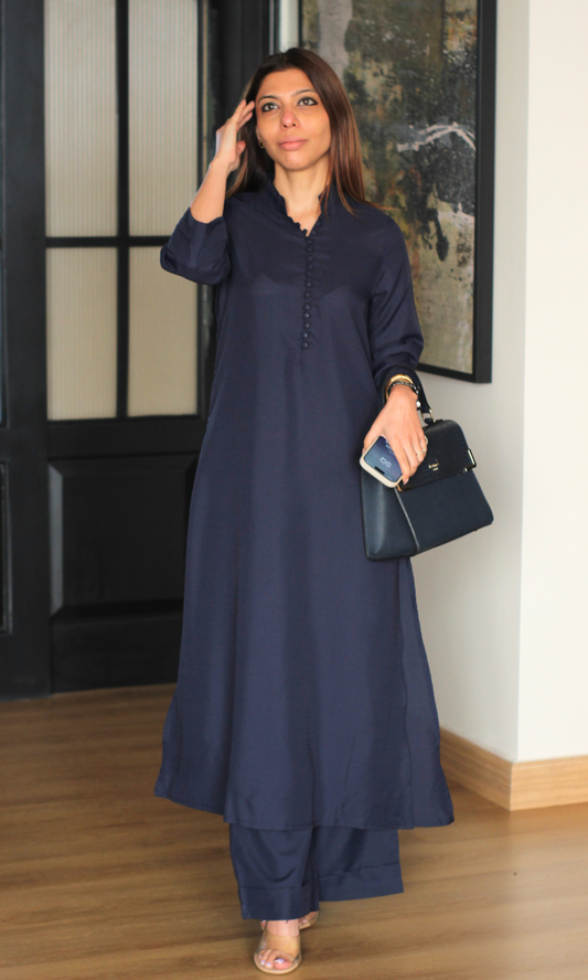 Navy Blue Collared Buttoned Kurta with Pallazo Pants