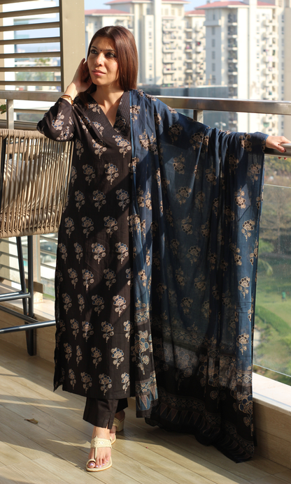 Black & Blue Ajrakh Rani Kurta, Dupatta & Cotton Pants