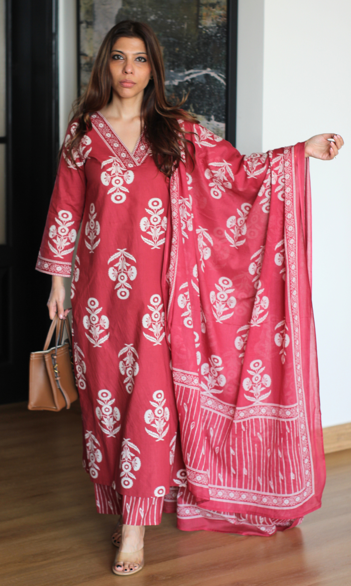 Cotton Salmon Mughal Print Kurta, Dupatta & Cotton Printed Pants