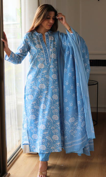 Sea Blue laced neck floral Kurta, Dupatta & Afgani Pants