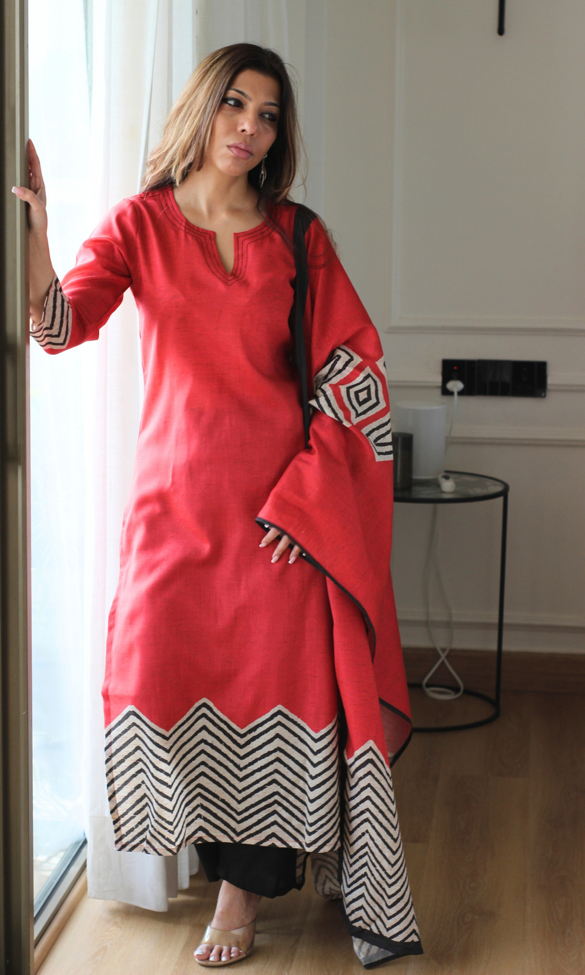 Cotton Silk Blend Red & Black Printed Kurta, Dupatta & Cotton Pants