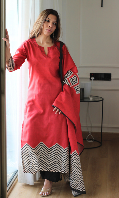 Cotton Silk Blend Red & Black Printed Kurta, Dupatta & Cotton Pants