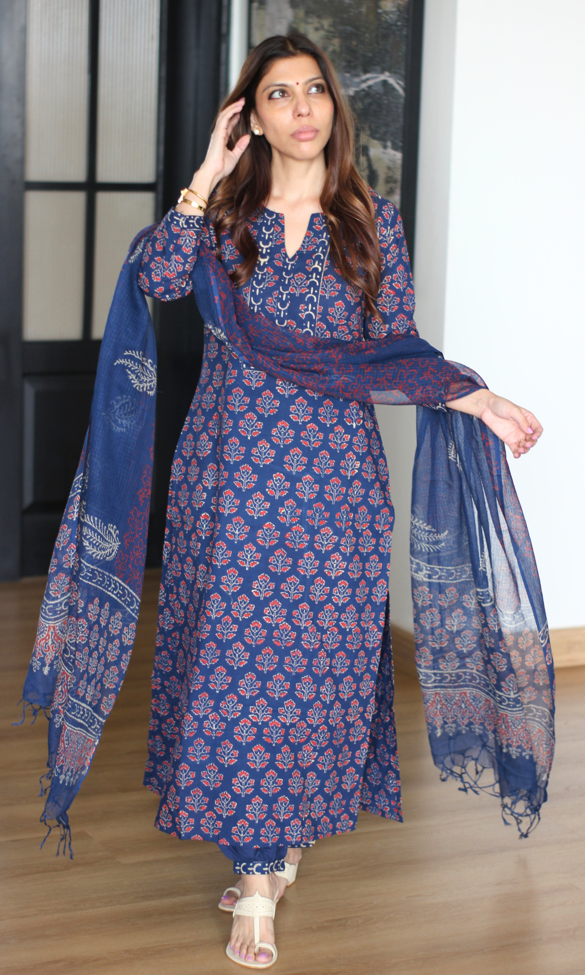 Badmeri Blue Ajrakh Handblock Kurta, Kota Doria Handblock Dupatta & Cotton Afgani Pants