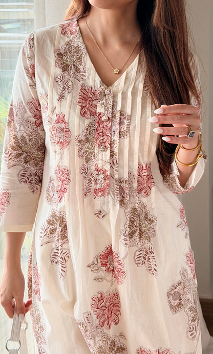 Off-white Dotted Floral Kurta & Cotton Pants