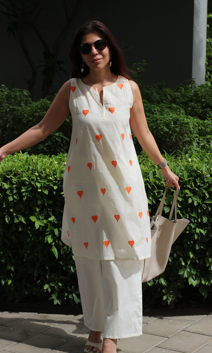 Cotton Ivory Tangerine Heart  Embroidered Co-ord