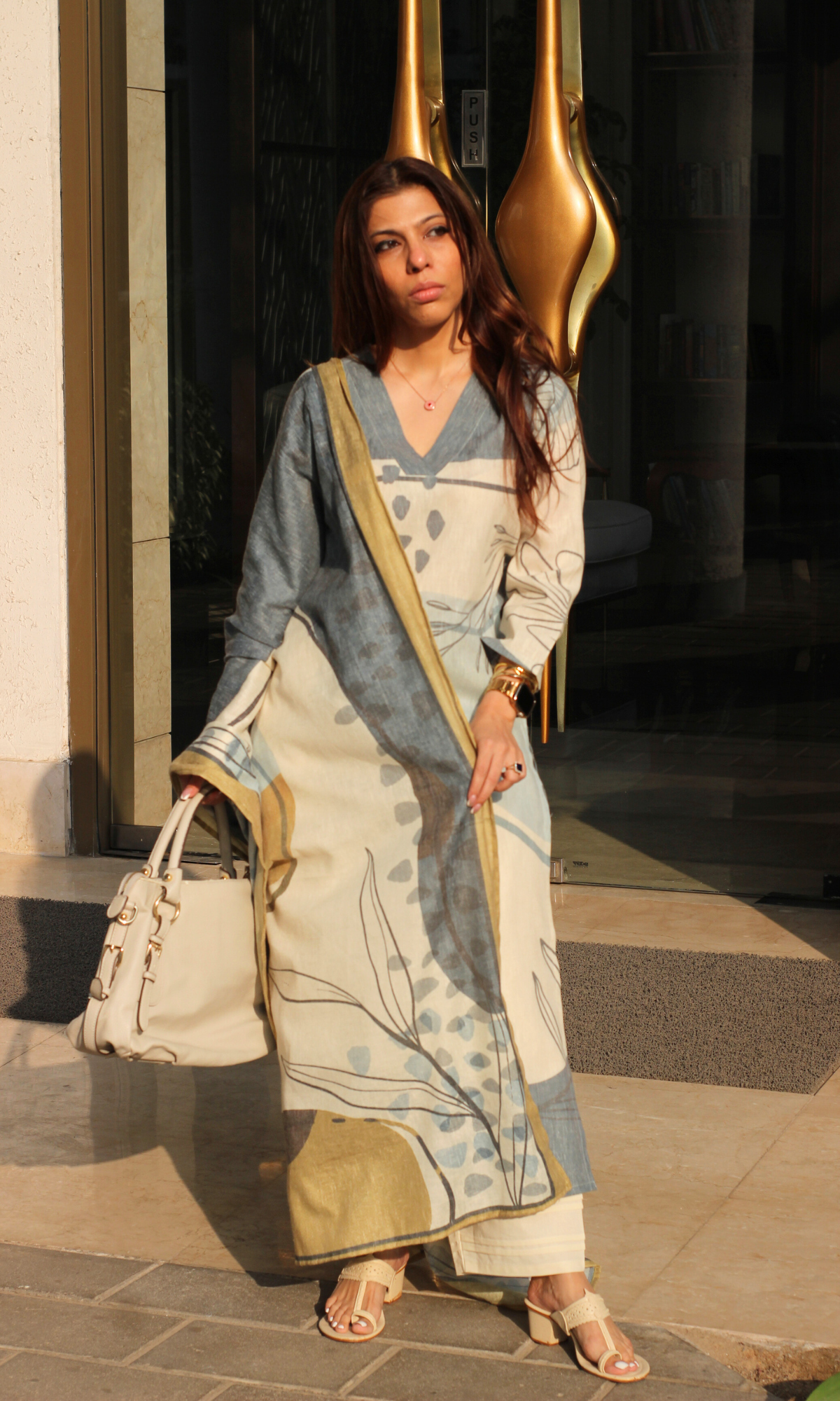 Linen Blend Beige Dunes Kurta, Dupatta & Cotton Pants