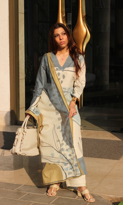 Linen Blend Beige Dunes Kurta, Dupatta & Cotton Pants