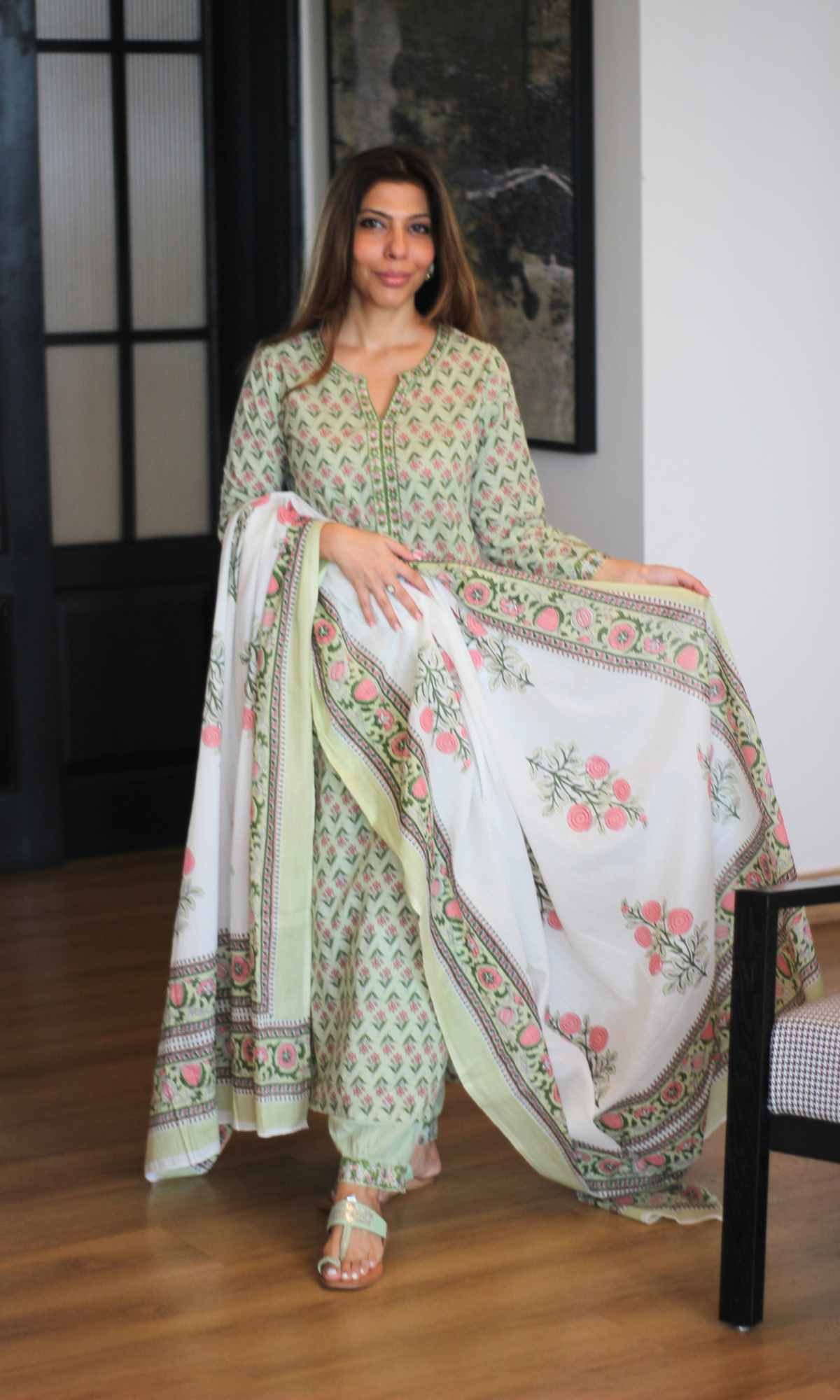Sage Garden Block Print Kurta, Dupatta & Cotton Afgani Pants