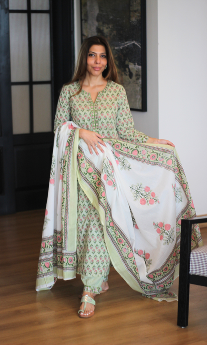 Sage Garden Block Print Kurta, Dupatta & Cotton Afgani Pants