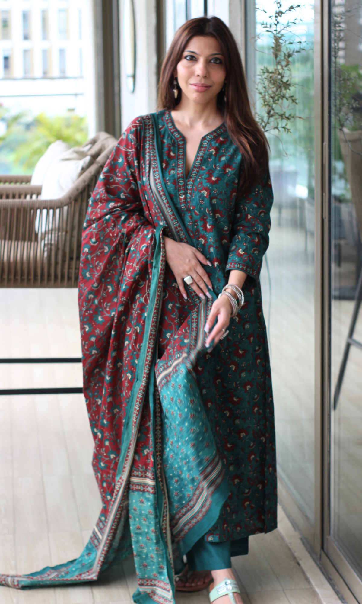 Firdaus Green & Red Block Printed Kurta , Dupatta & Cotton Pants