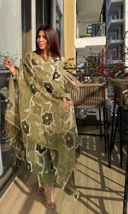 Cotton Olive Shibori Print Kurta & Pants with Kota Doria Printed Dupatta