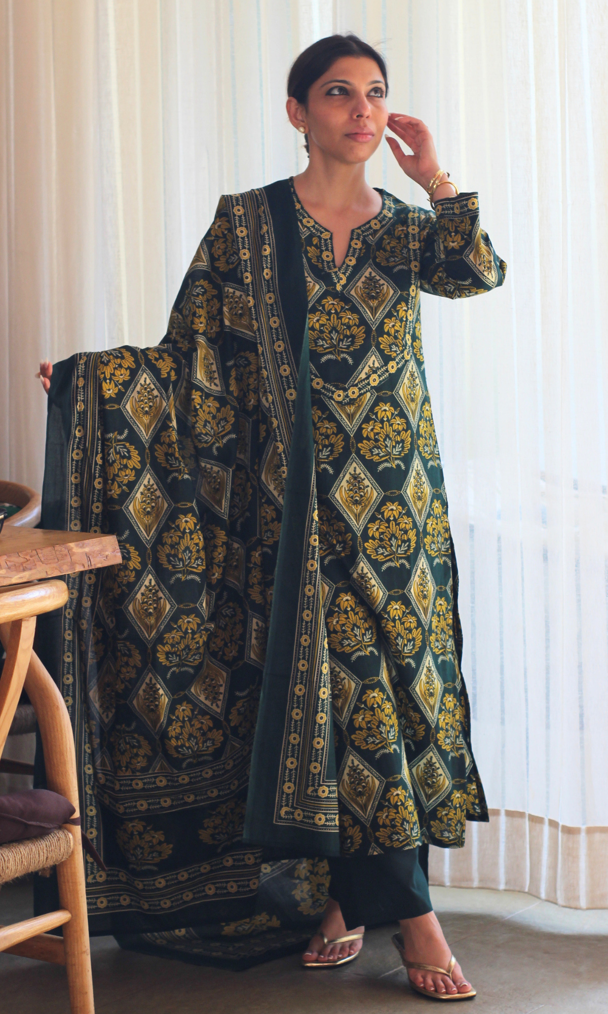 Deep Forest & Yellow Leaf Block Print Kurta, Dupatta & Cotton Pants