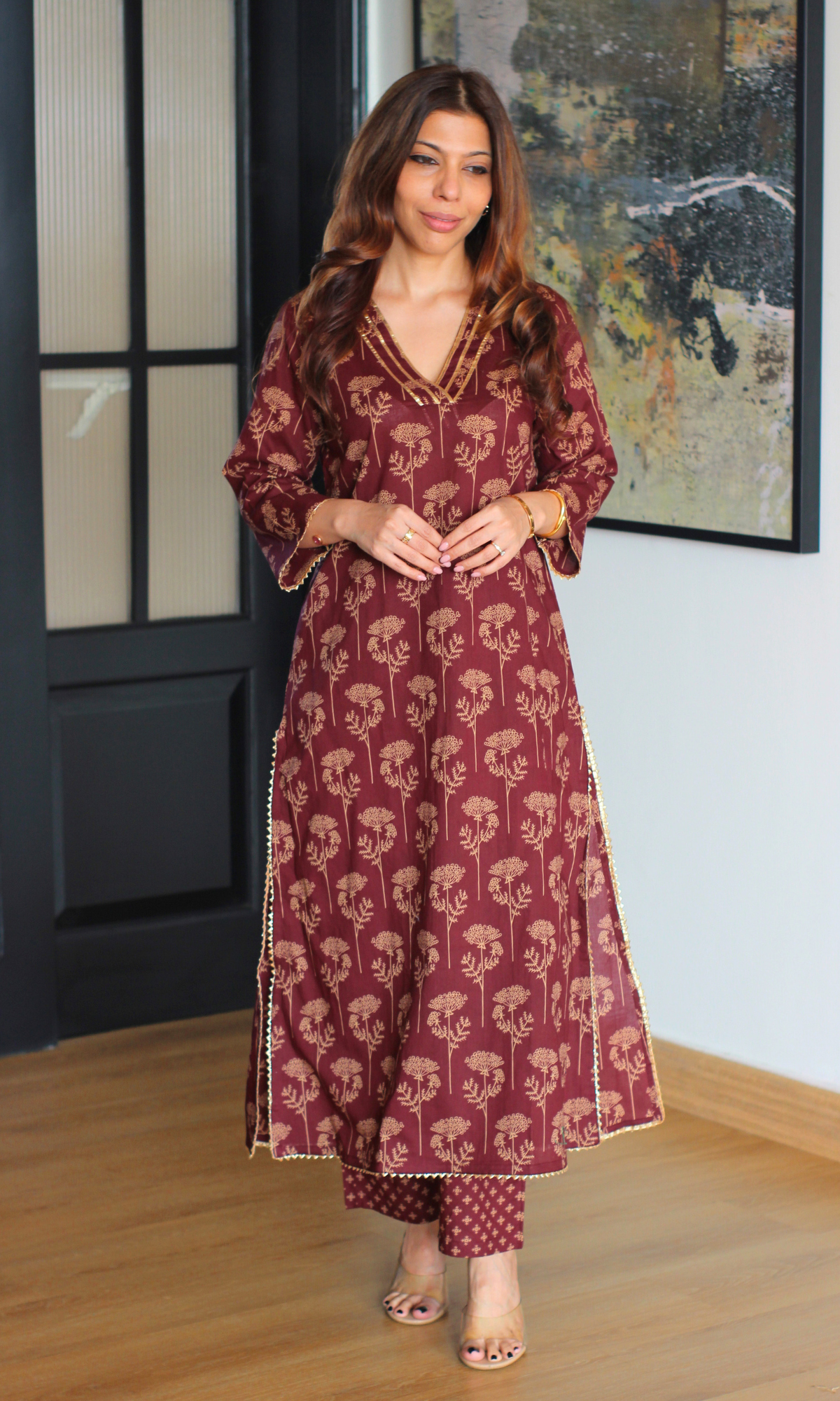 Cotton Wine & Gold Mughal Print Kurta & Pant