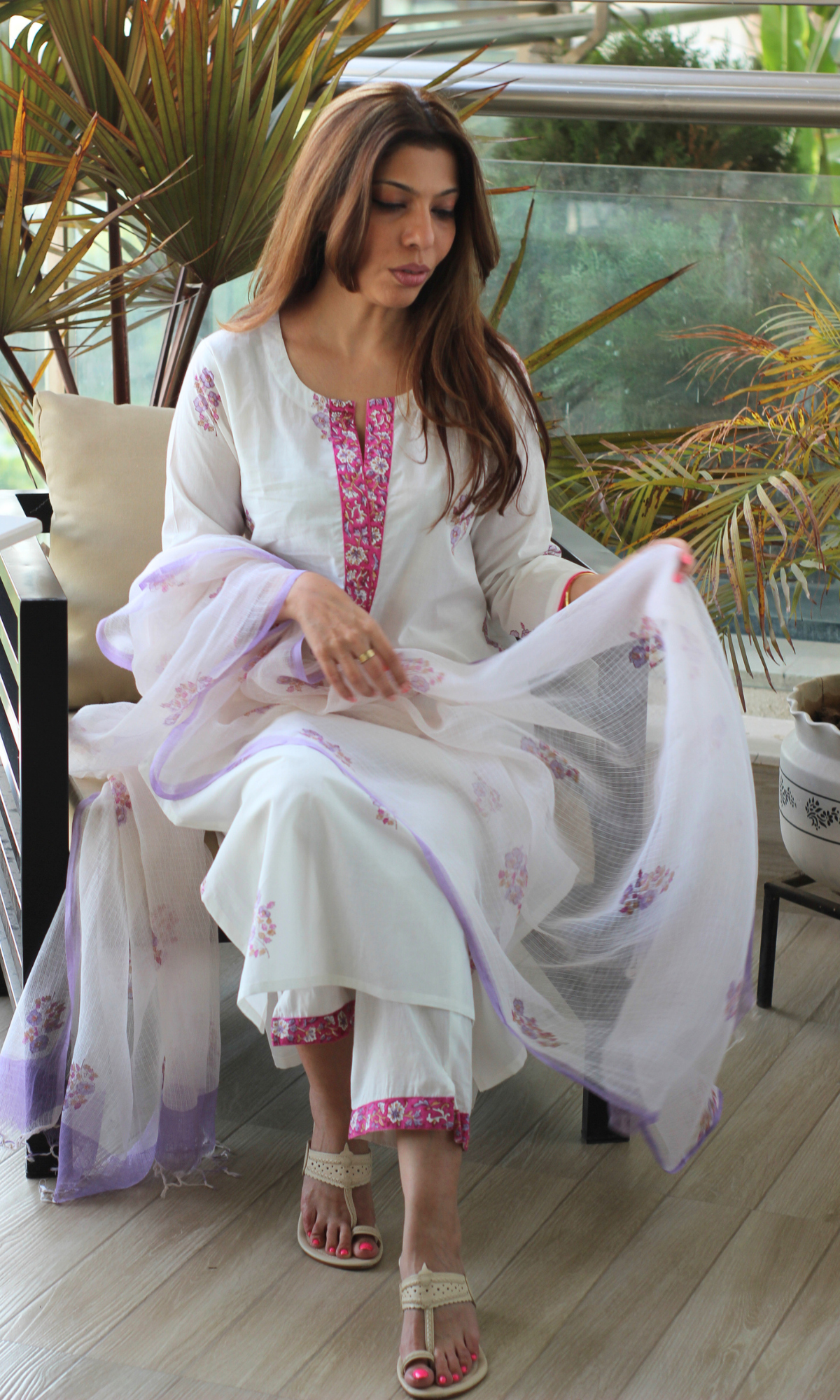 Leela Ivory Mughal Print Kurta, Pant & Kota Doria Handblock Print Dupatta
