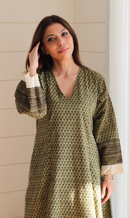 Cotton Olive Khaki Ajrakh Print High Low Kurta & Palazzo
