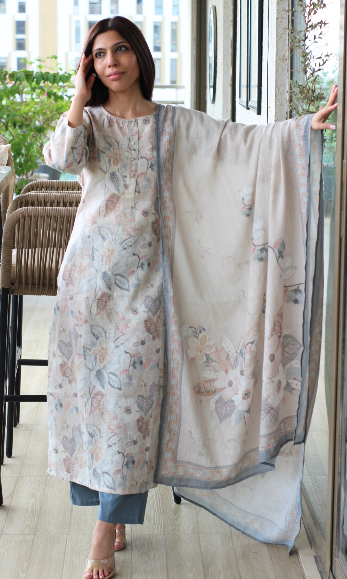 Duchessé Beige Linen Blend Printed Kurta , Dupatta & Cotton Bottoms