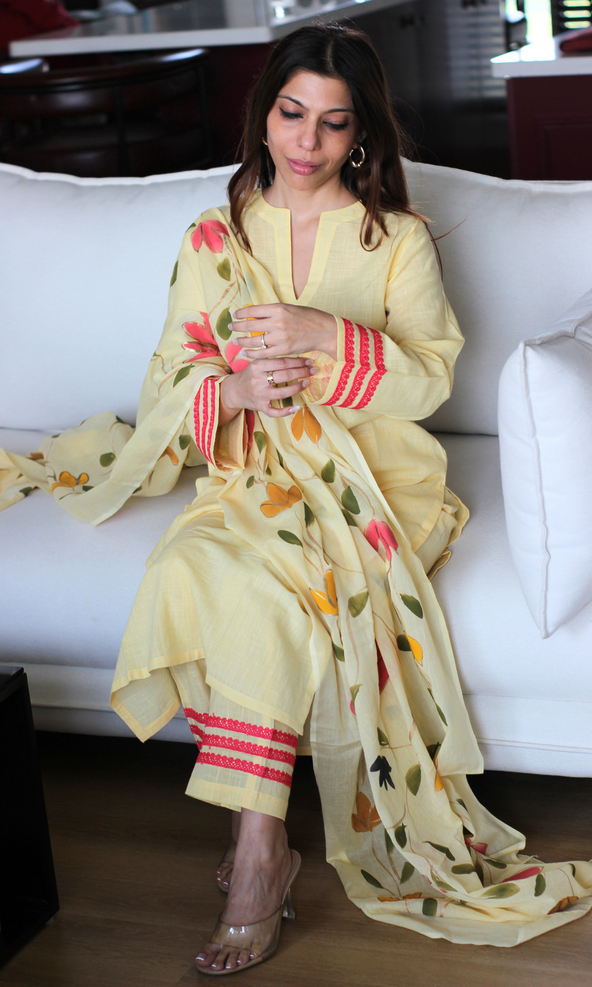 Pale Yellow Slub Kurta, Pant with Cotton Handpainted Dupatta