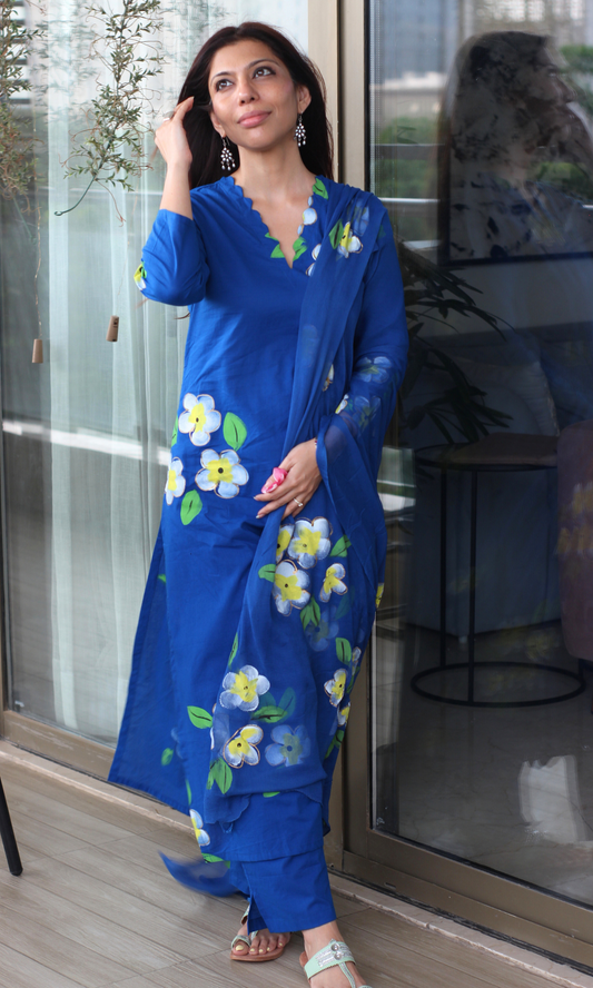 Cotton Blue Plume Handbrush Painted Suit with Chiffon Handpainted Dupatta