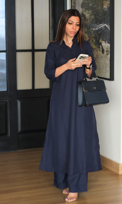 Navy Blue Collared Buttoned Kurta with Pallazo Pants