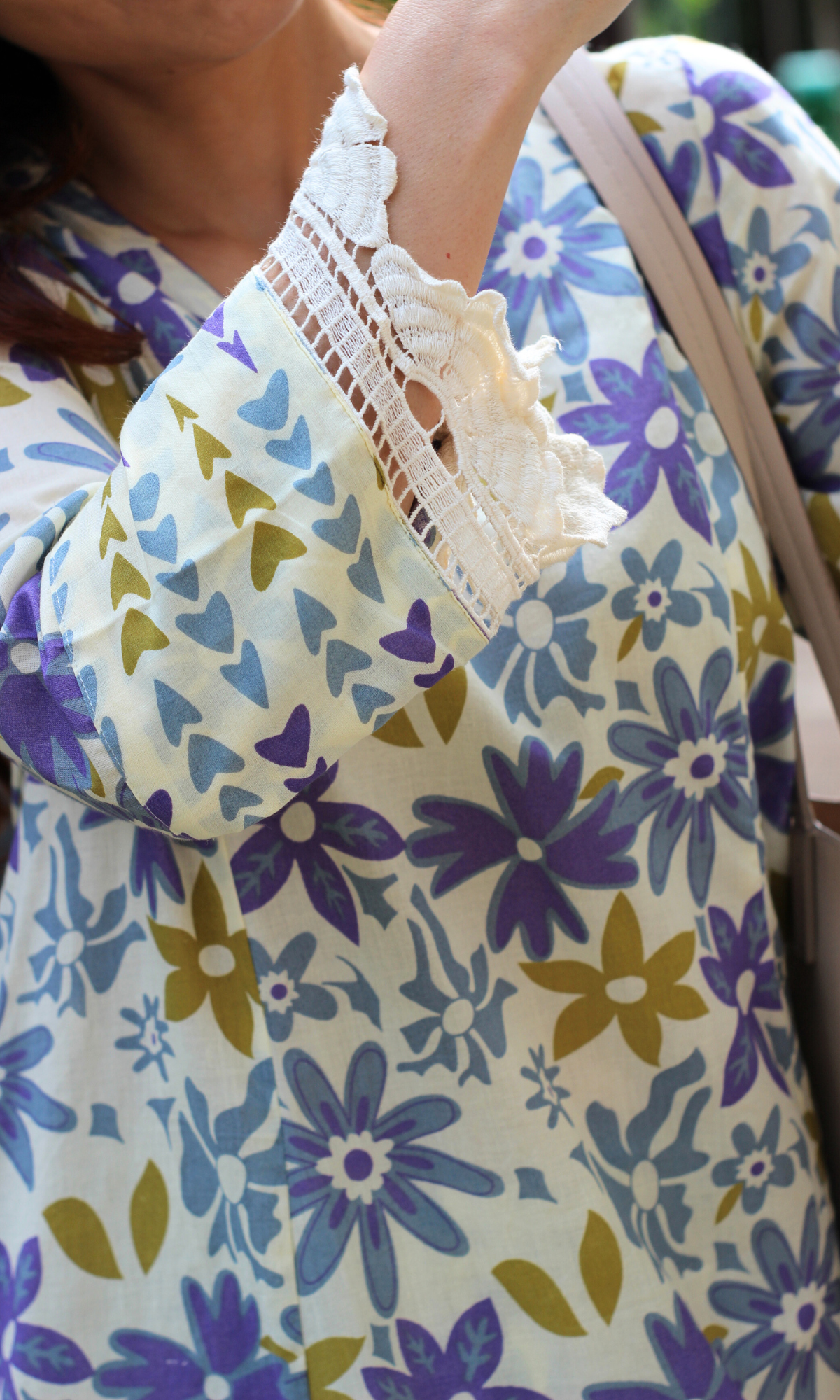 Cotton Beige & Purple Floral Haze Printed High low Kurta & Pant