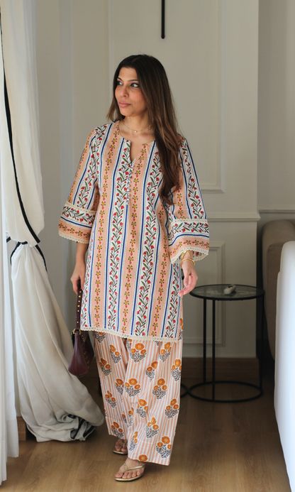 Peach Kinari Block Print Kurta with Farshi Salwaar