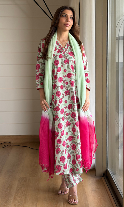 Cotton Dew Green & Pink Floral Block Printed Kurta, Pant & Kota Doria Ombre Dupatta